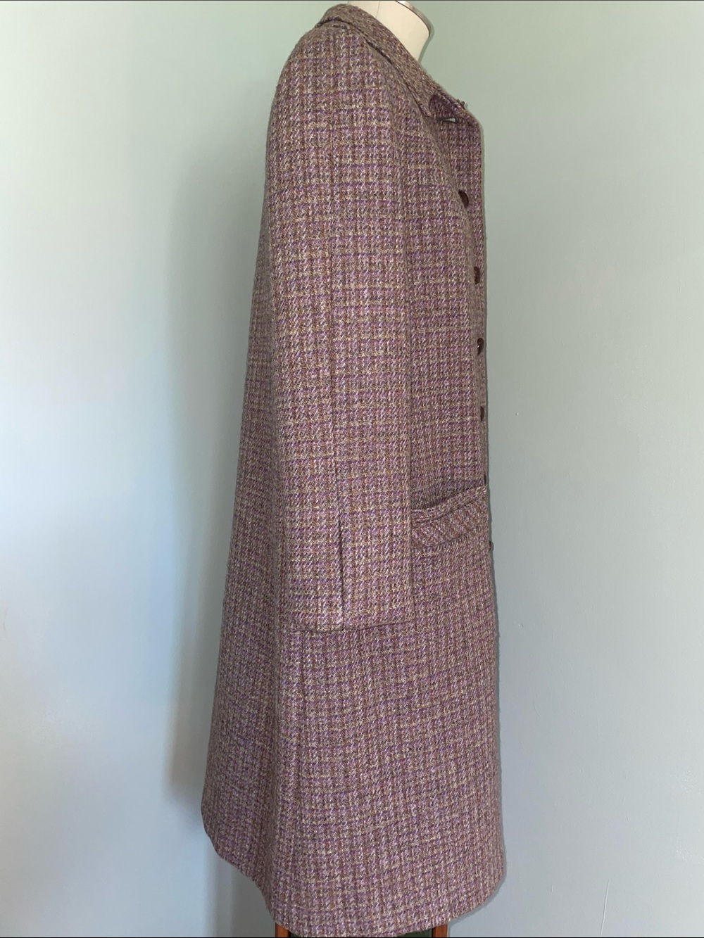 Vintage Harris Tweed Handwoven Scottish Wool Long Coat Purple Brown Plaid - Picture 6 of 16